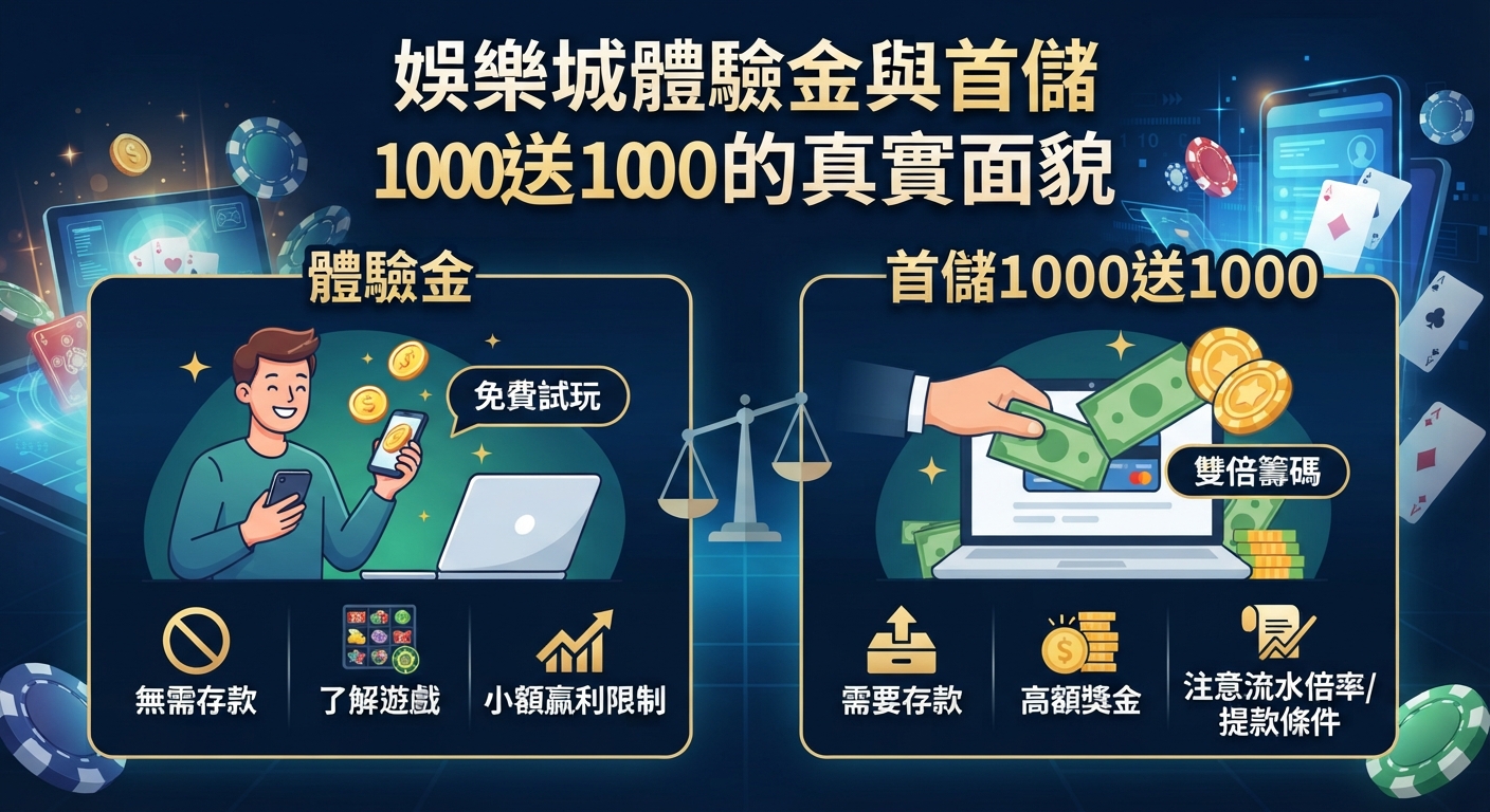 這張圖片探討了娛樂城體驗金與首儲1000送1000的真實面貌。 畫面透過左右對比的方式,分別呈現免費試玩與高額獎金背後的條件限制。
